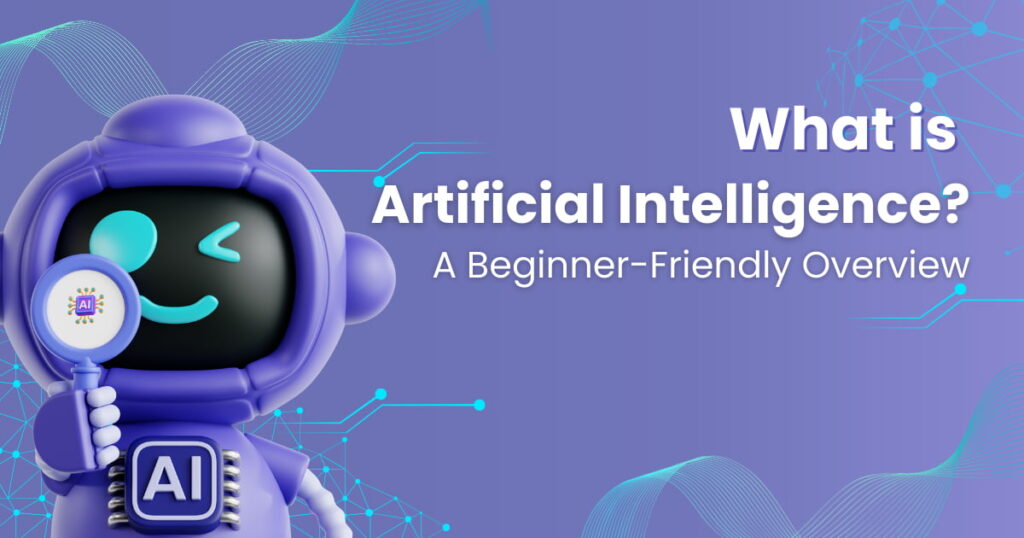 Beginner-friendly guide to artificial intelligence with cute AI robot illustration
